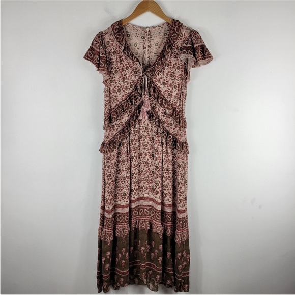 Faherty Bonita Block Paisley Floral Tiered Ruffle V Neck Midi Prairie Dress - Picture 2 of 8